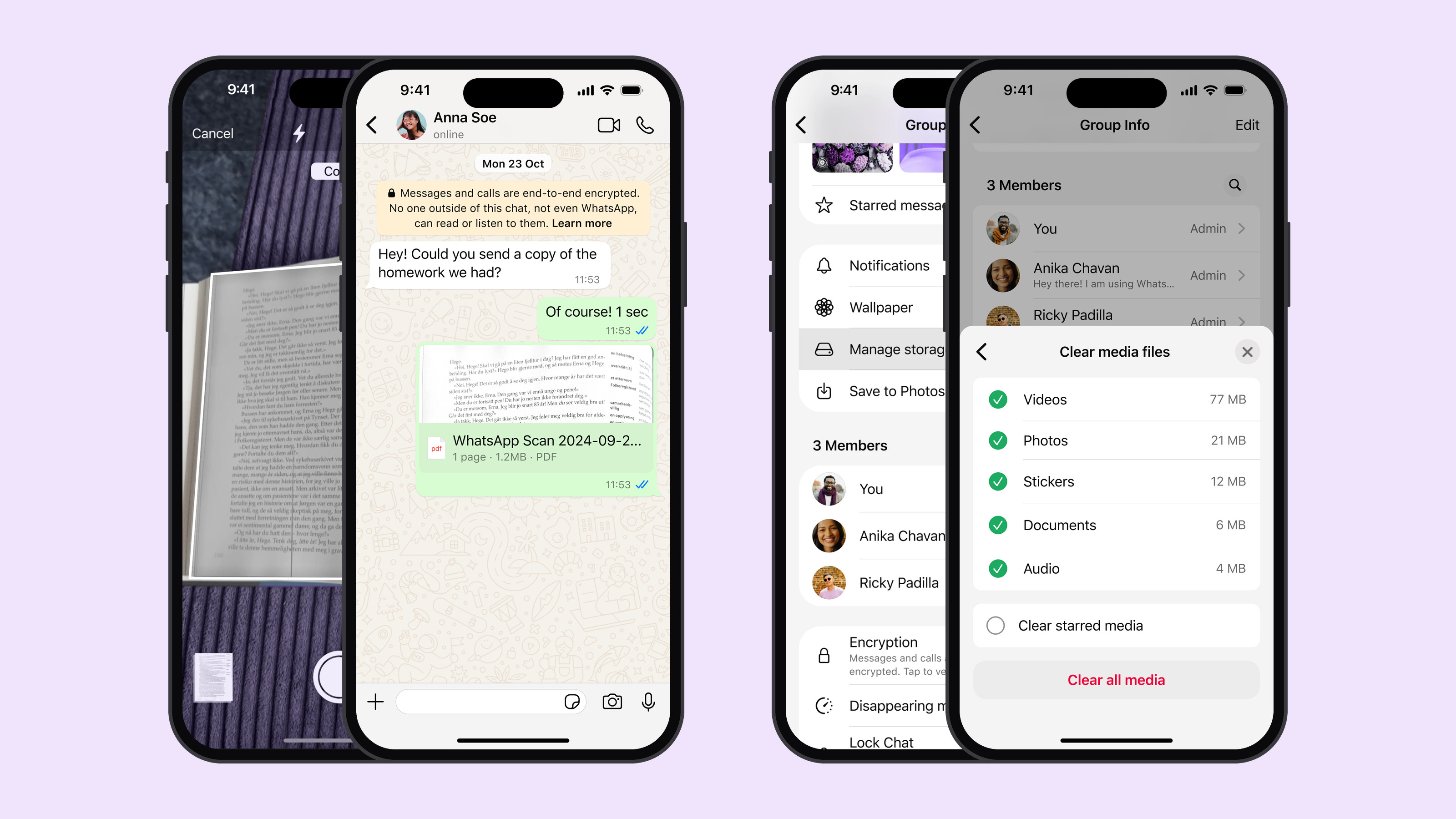 WhatsApp document scanner: scanning a page and sending it as a PDF in the chat, then managing storage and clearing media files from a group